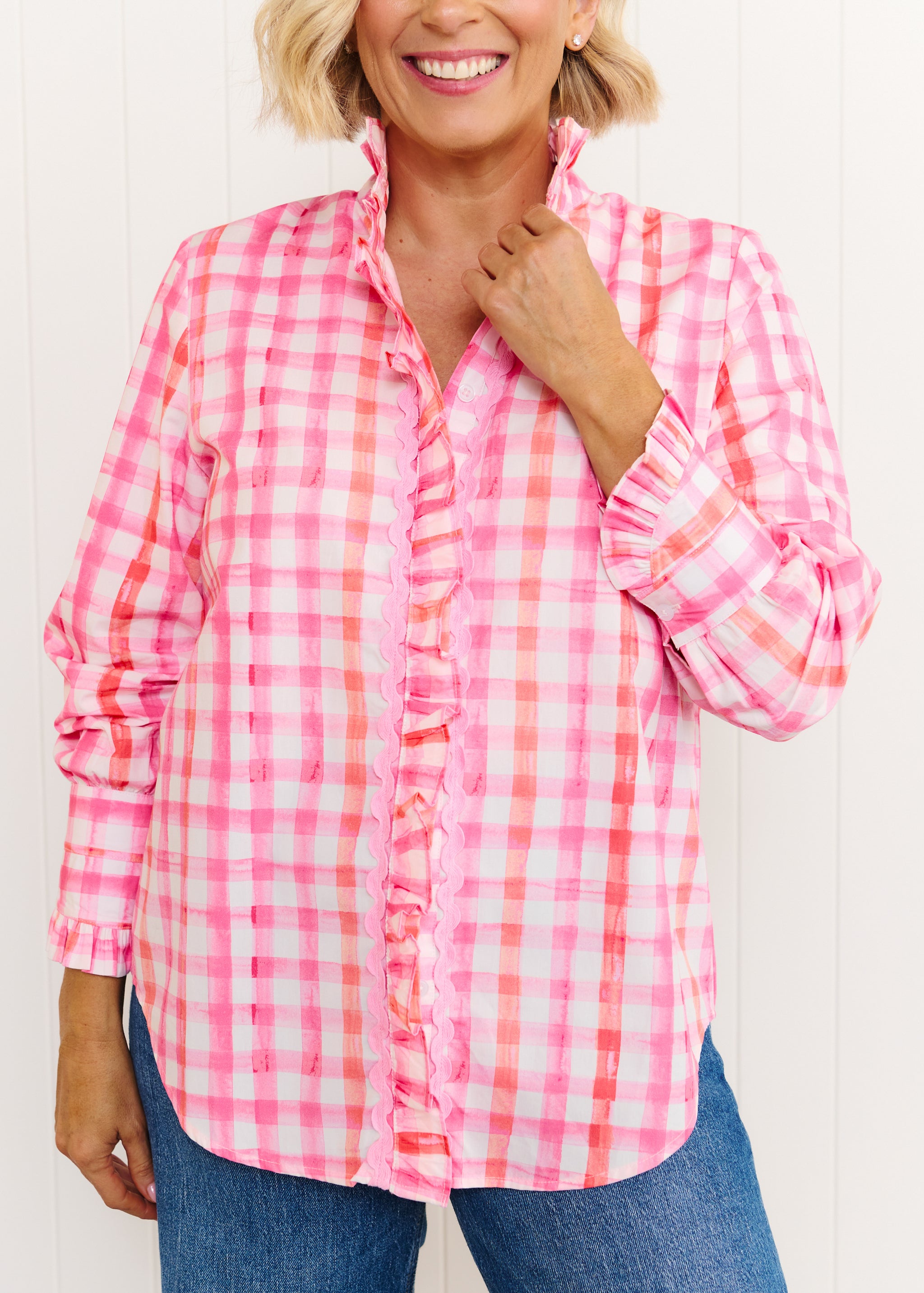 Tilly Shirt - Pastel Pink & Orange Gingham