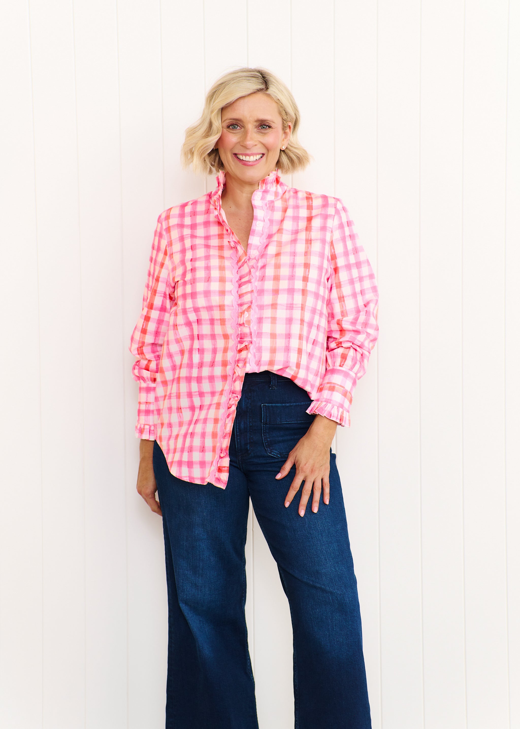 Tilly Shirt - Pastel Pink & Orange Gingham