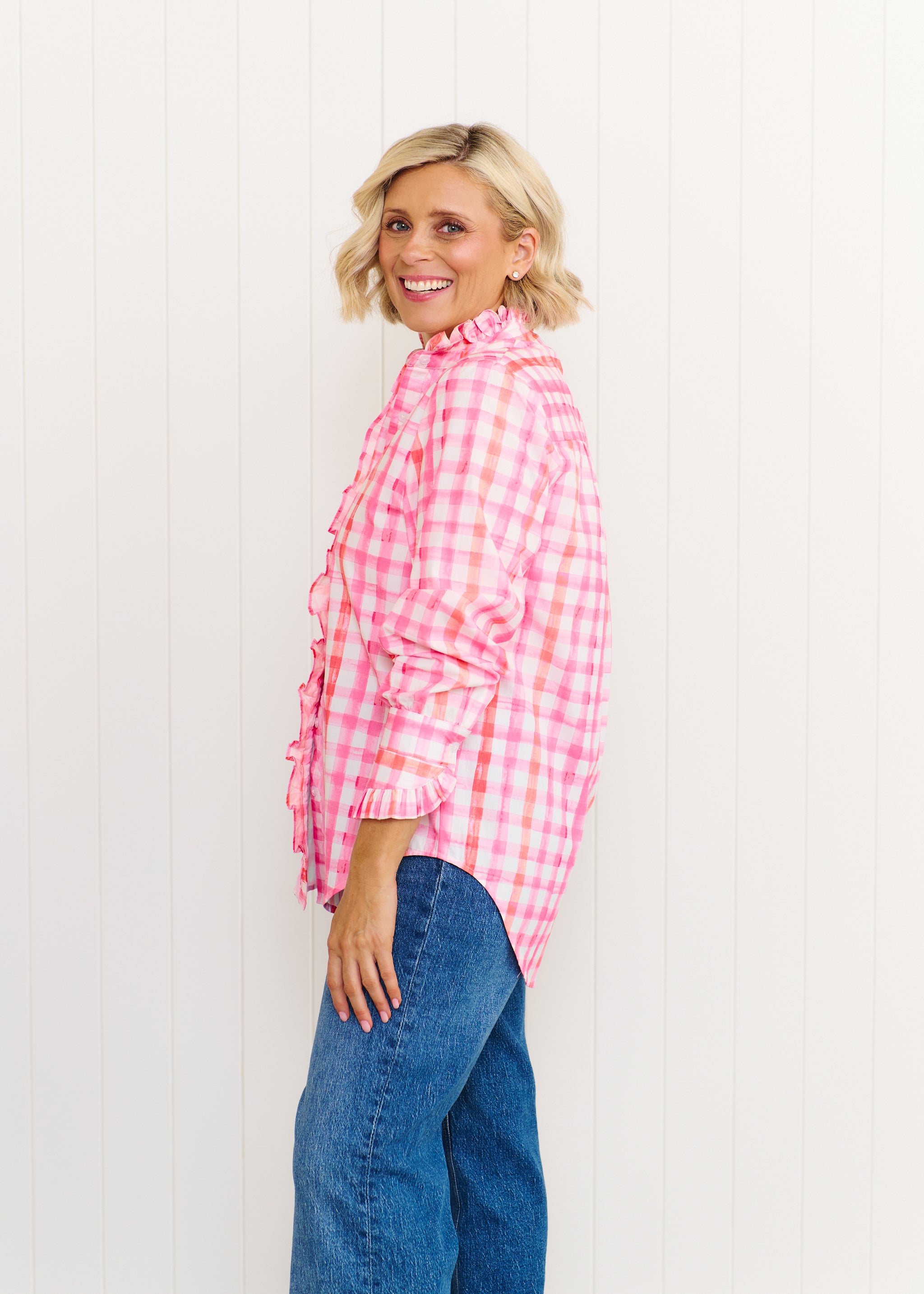Tilly Shirt - Pastel Pink & Orange Gingham