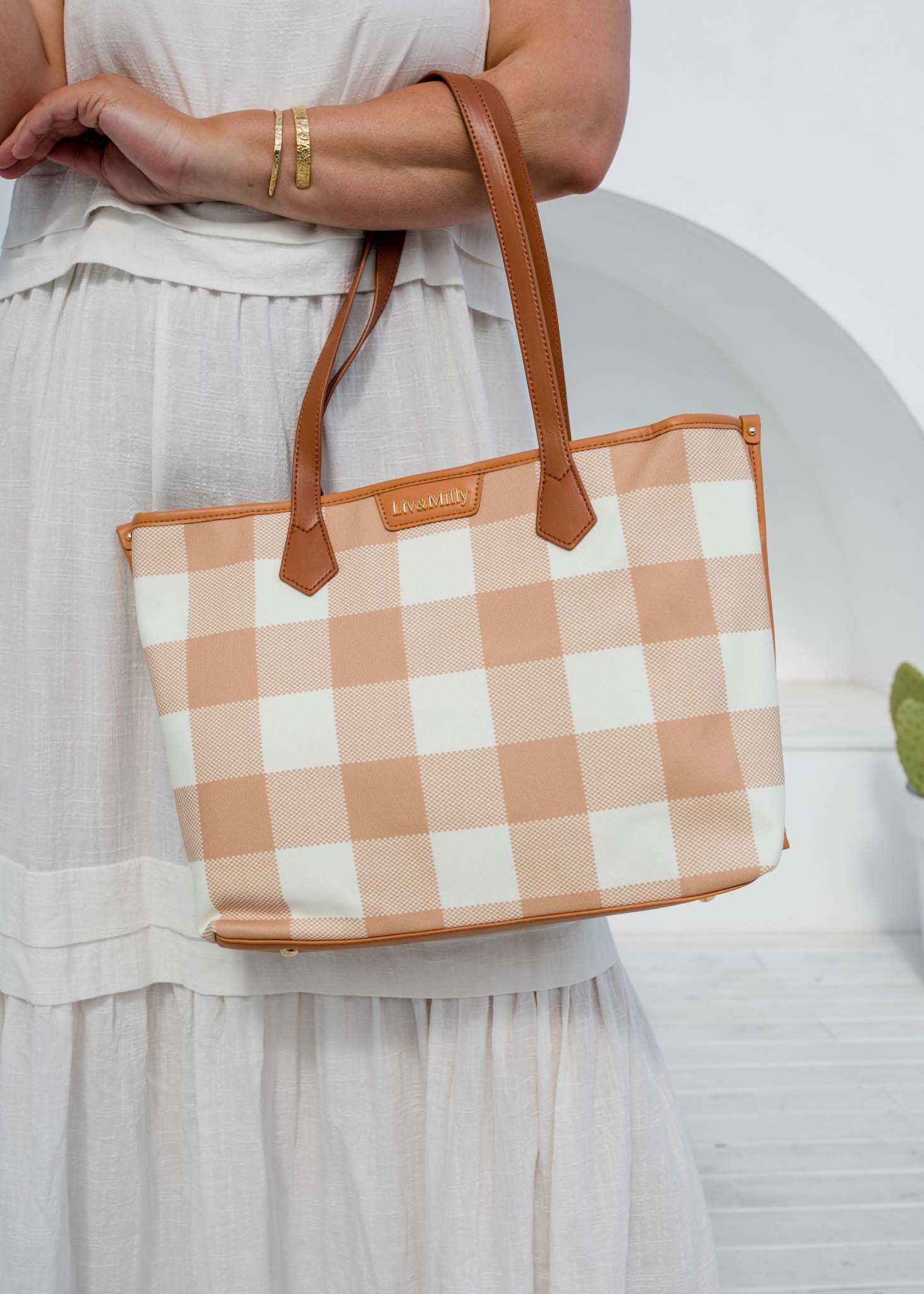 Capri - Latte & White Gingham Tote